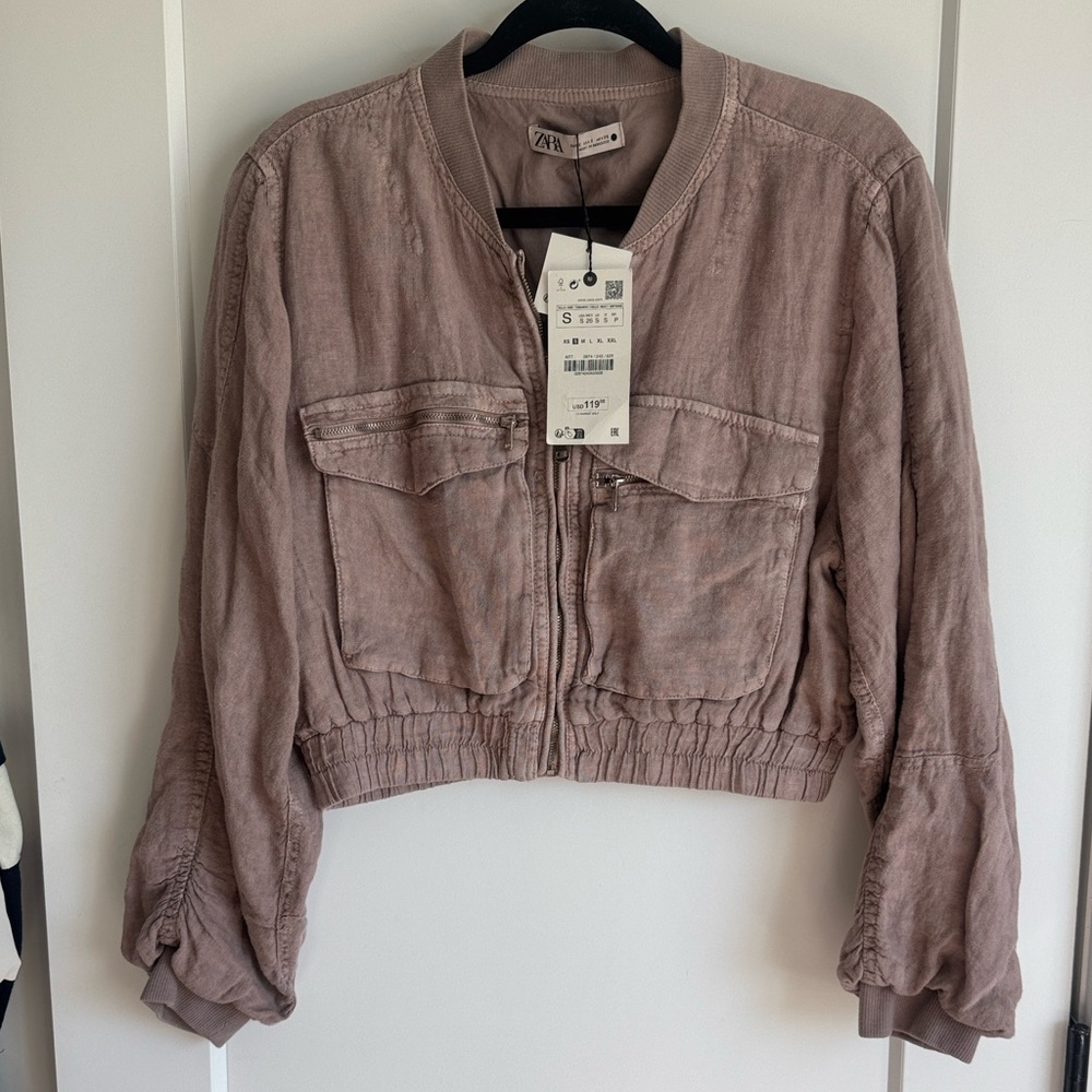 NWT Zara Greta Linen Bomber Jacket - size small - mauve/light pink - Picture 6 of 14